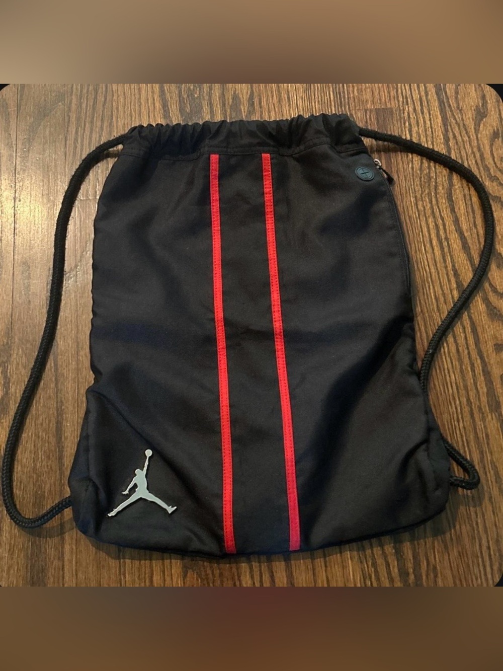 Y2K Jordan Black Drawstring Backpack with Red Stripes